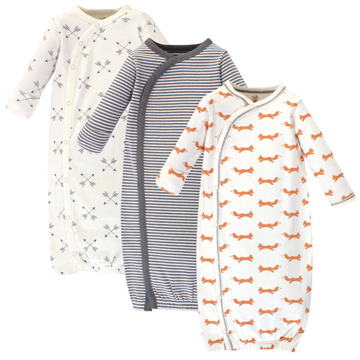 Touched by Nature Baby Organic Cotton Side-Closure Snap Long-Sleeve Gowns 3 Pack, Fox