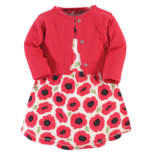 Touched by Nature Baby and Toddler Girl Organic Cotton Dress and Cardigan 2 Piece Set, Poppy
