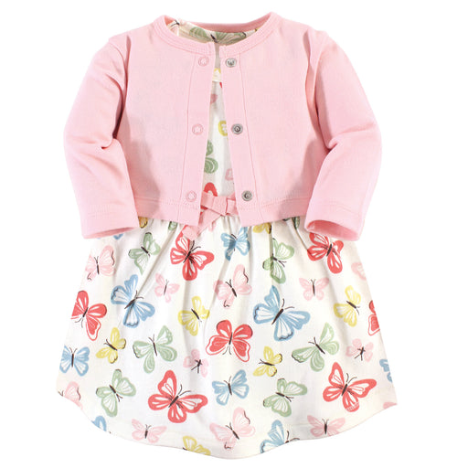 Touched by Nature Baby and Toddler Girl Organic Cotton Dress and Cardigan 2 Piece Set, Butterflies