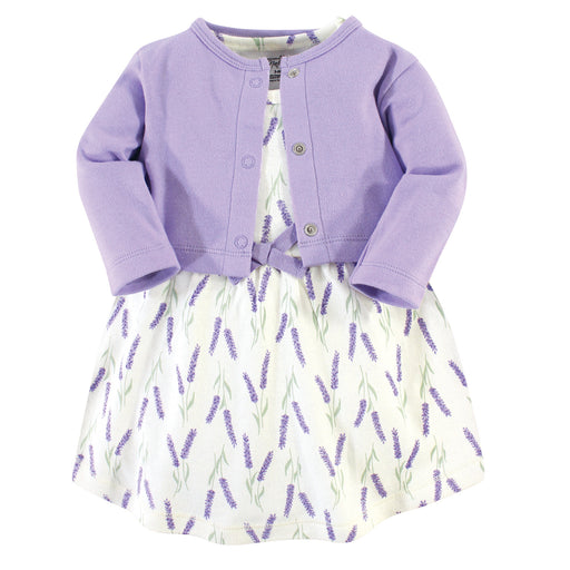 Touched by Nature Baby and Toddler Girl Organic Cotton Dress and Cardigan 2 Piece Set, Lavender