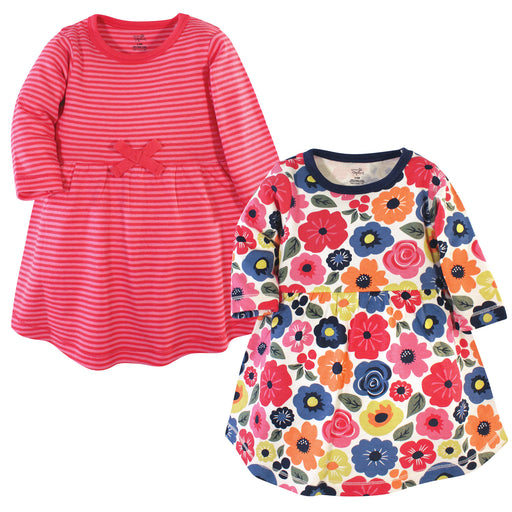 Touched by Nature Baby and Toddler Girl Organic Cotton Long-Sleeve Dresses 2 Pack, Bright Flowers