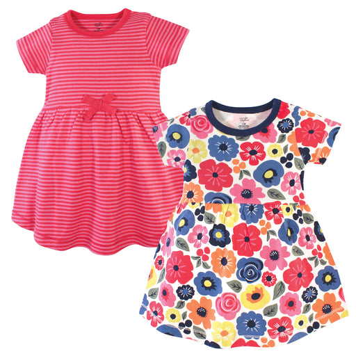 Touched by Nature Baby and Toddler Girl Organic Cotton Short-Sleeve Dresses 2 Pack, Bright Flower