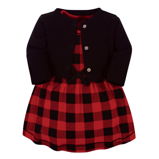 Touched by Nature Baby and Toddler Girl Organic Cotton Dress and Cardigan 2 Piece Set, Buffalo Plaid