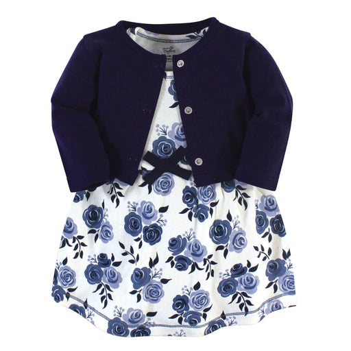 Touched by Nature Baby and Toddler Girl Organic Cotton Dress and Cardigan 2 Piece Set, Navy Floral