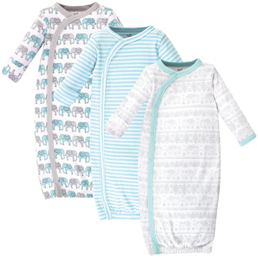 Touched by Nature Baby Boy Organic Cotton Side-Closure Snap Long-Sleeve Gowns 3 Pack, Mint Gray Elephant