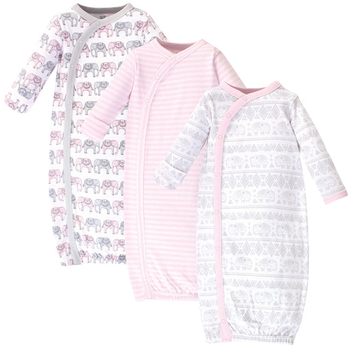 Touched by Nature Baby Girl Organic Cotton Side-Closure Snap Long-Sleeve Gowns 3 Pack, Pink Gray Elephant