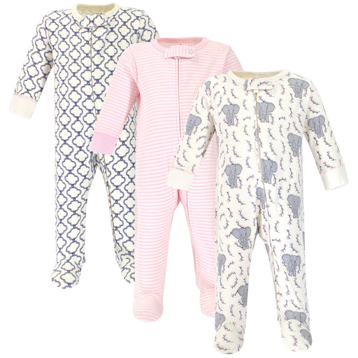 Touched by Nature Baby Girl Organic Cotton Zipper Sleep and Play 3 Pack, Girl Elephant