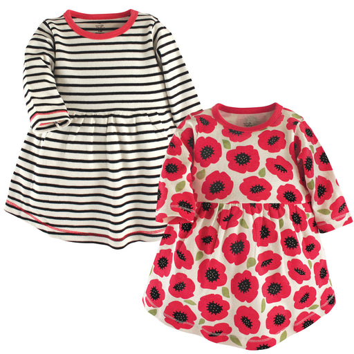 Touched by Nature Baby and Toddler Girl Organic Cotton Long-Sleeve Dresses 2 Pack, Poppy