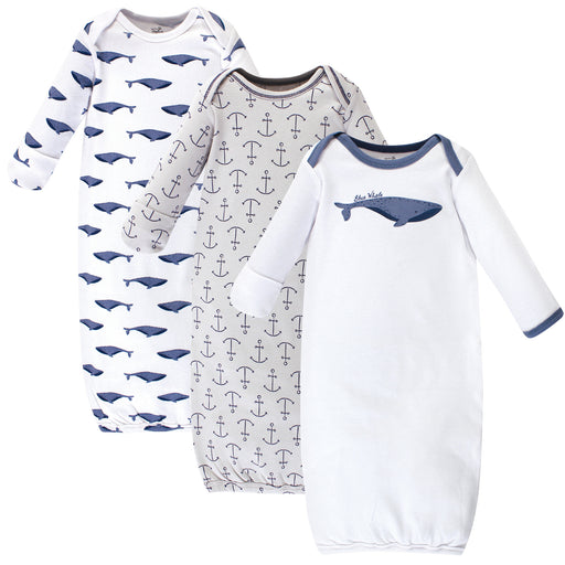 Touched by Nature Baby Organic Cotton Long-Sleeve Gowns 3 Pack, Blue Whale, 0-6 Months