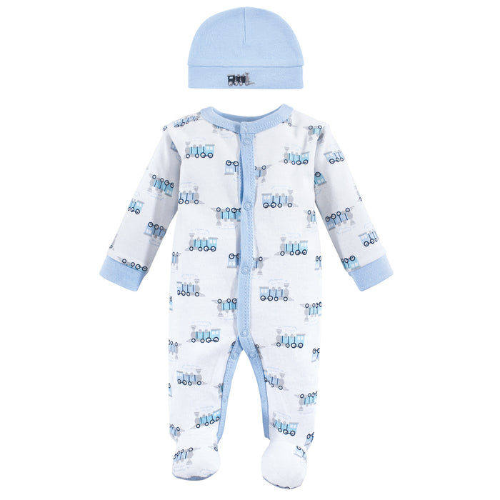 Luvable Friends Cotton Preemie Snap Sleep and Play and Cap Set, Train