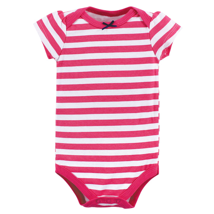 Little Treasure Baby Girl Cotton Bodysuits 3-Pack, Pink Navy Necklace
