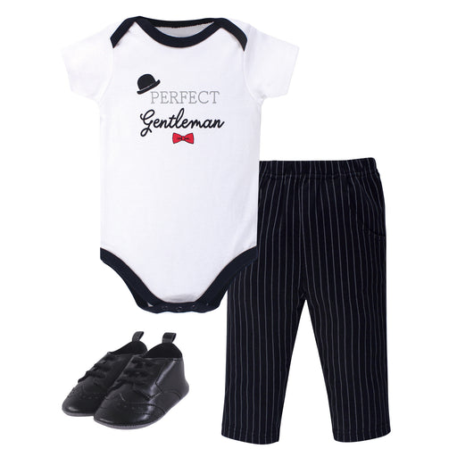 Little Treasure Baby Boy Cotton Bodysuit, Pant and Shoe 3 Piece Set, Gentleman