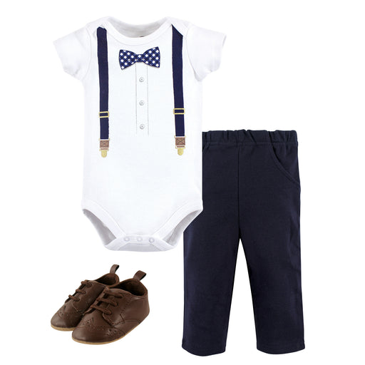 Little Treasure Baby Boy Cotton Bodysuit, Pant and Shoe 3 Piece Set, Gingham Bow Tie