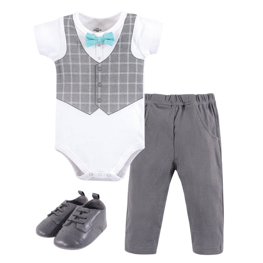 Little Treasure Baby Boy Cotton Bodysuit, Pant and Shoe 3 Piece Set, Mint Bow Tie
