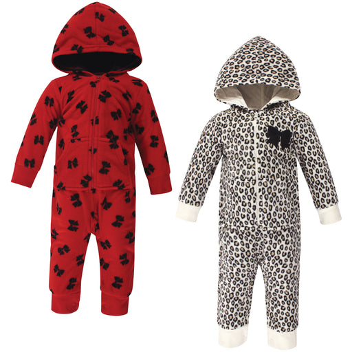 Little Treasure Baby Girl Fleece Jumpsuits and Coveralls 2-Pack, Leopard Bow