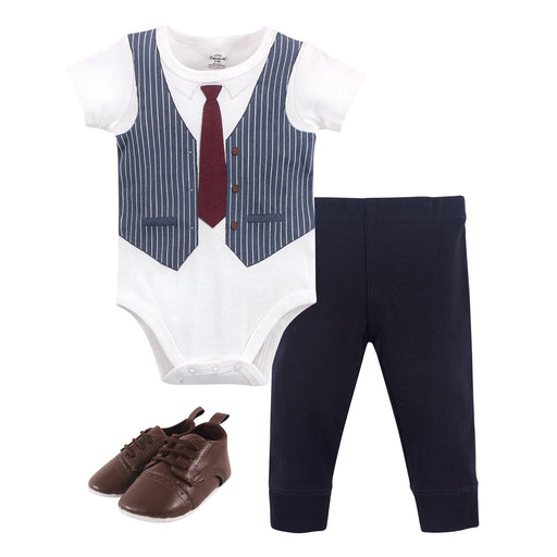 Little Treasure Baby Boy Cotton Bodysuit, Pant and Shoe 3 Piece Set, Navy Burgundy Vest