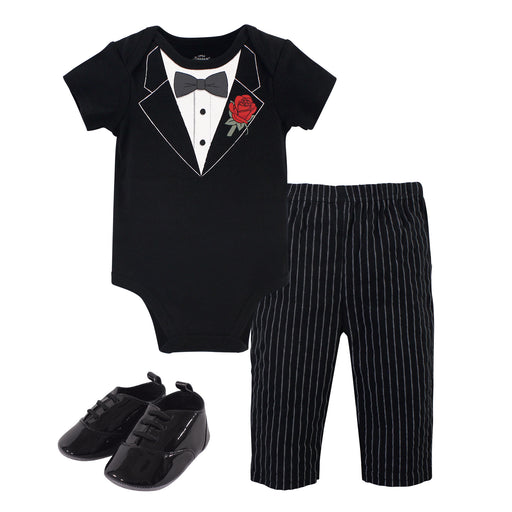Little Treasure Baby Boy Cotton Bodysuit, Pant and Shoe 3 Piece Set, Tuxedo Rose