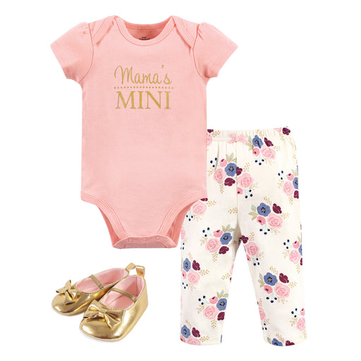 Little Treasure Baby Girl Cotton Bodysuit, Pant and Shoe 3 Piece Set, Mamas Mini