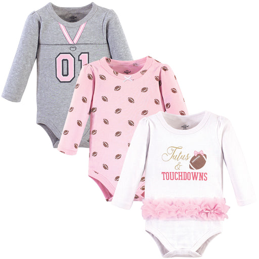Little Treasure Baby Girl Cotton Long-Sleeve Bodysuits 3-Pack, Tutus Touchdowns