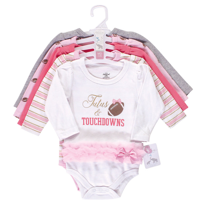 Little Treasure Baby Girl Cotton Long-Sleeve Bodysuits 5-Pack, Tutus Touchdowns