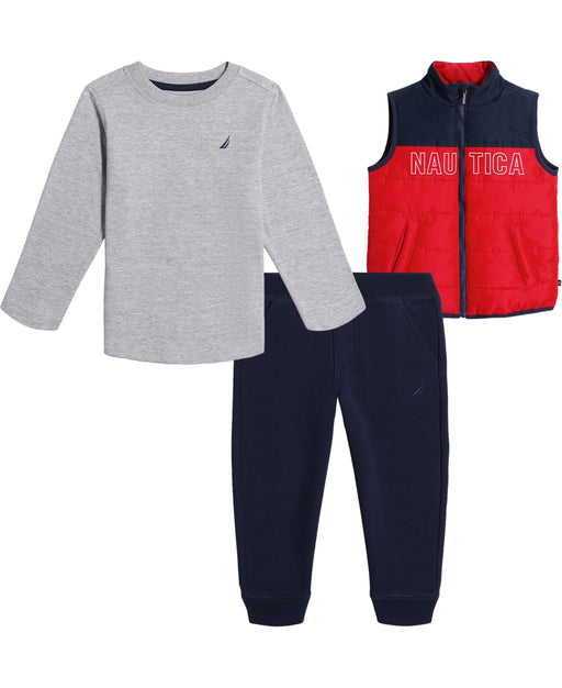 Nautica Baby Boys Long Sleeve T-shirt, Quilted Vest and Fleece Joggers Set in Red/Grey
