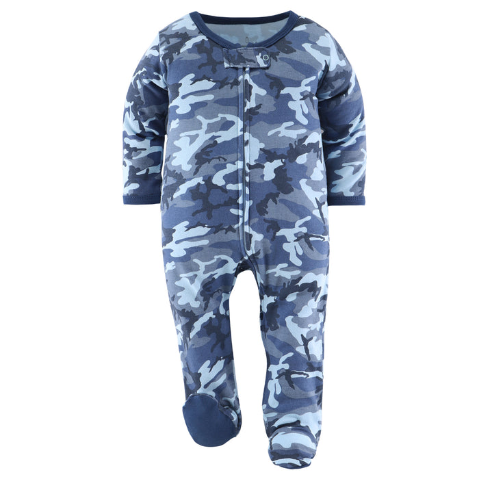 The Peanutshell Blue Camo Footed Baby Sleepers for Boys 3inPack