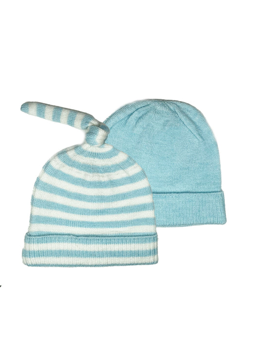 NYGB Preemie 2-Pack Striped Top Knot and Solid Knit Hats in Pastel Blue