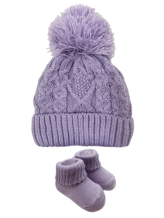 Angelface Fishermen Cable Yarn Pom Turncuff Hat and Bootie Set in Lilac Sky