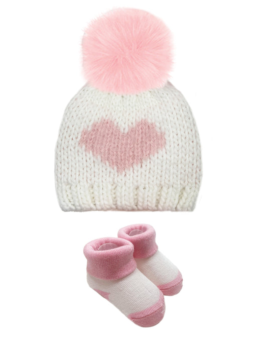 Angelface Textured Heart Faux Fur Pom Hat and Bootie Set in Ivory