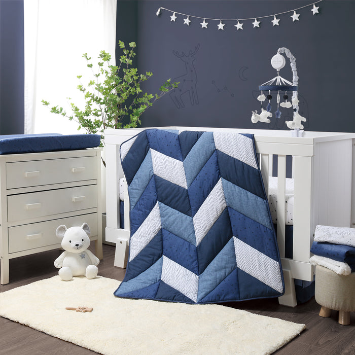The Peanutshell Moonlight Blue 3 Piece Crib Bedding Set