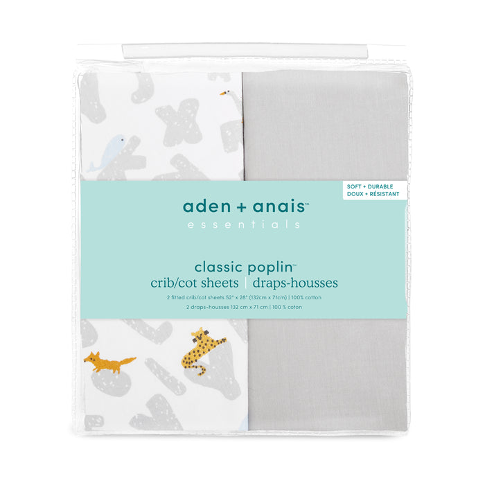 aden + anais Cotton Poplin Crib Sheets 2 pack Alphabet Animals Grey
