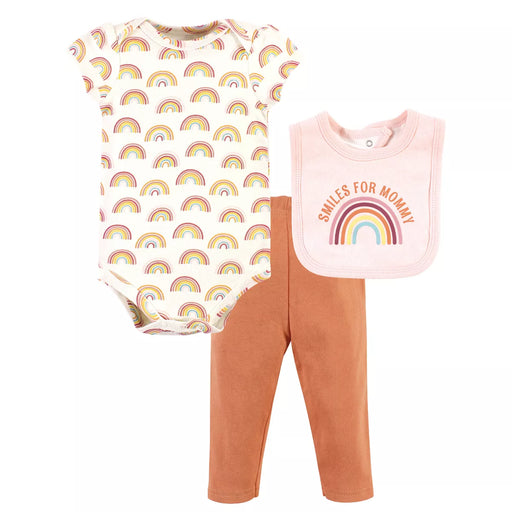 Hudson Baby Girl Baby Cotton Bodysuit, Pant and Bib Set, Sunshine Rainbows