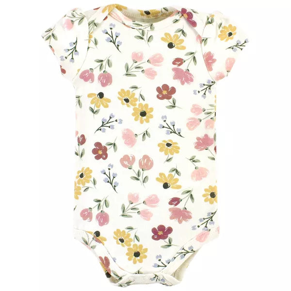 Hudson Baby Girl Baby Cotton Bodysuit, Pant and Bib Set, Soft Painted Floral