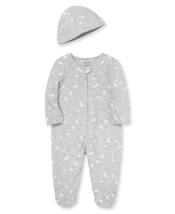 Little Me Moon & Stars Footie with Hat in Grey