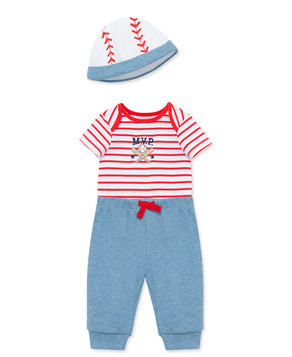 Little Me Blue/Red Baseball Bodysuit, Pant and Hat Set
