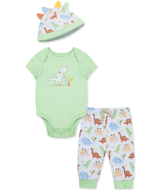 Little Me Green Dino Bodysuit, Pant and Hat Set