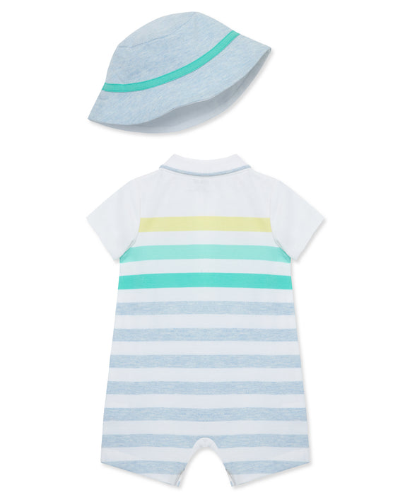 Little Me White/Blue Striped Romper with Hat