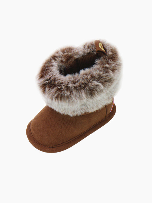 Stepping Stones First Steps Faux Suede and Fur Boot with Rainbow in Tan