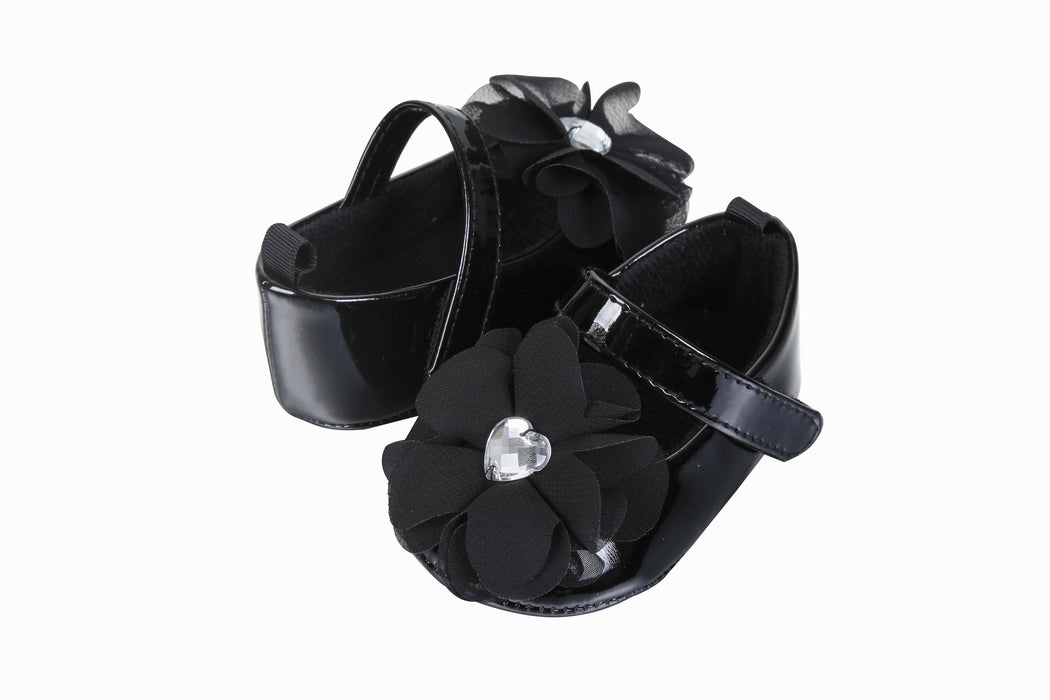 Stepping Stones First Steps Mary Jane Shoe with Heart Gem and Chiffon Flower in Black
