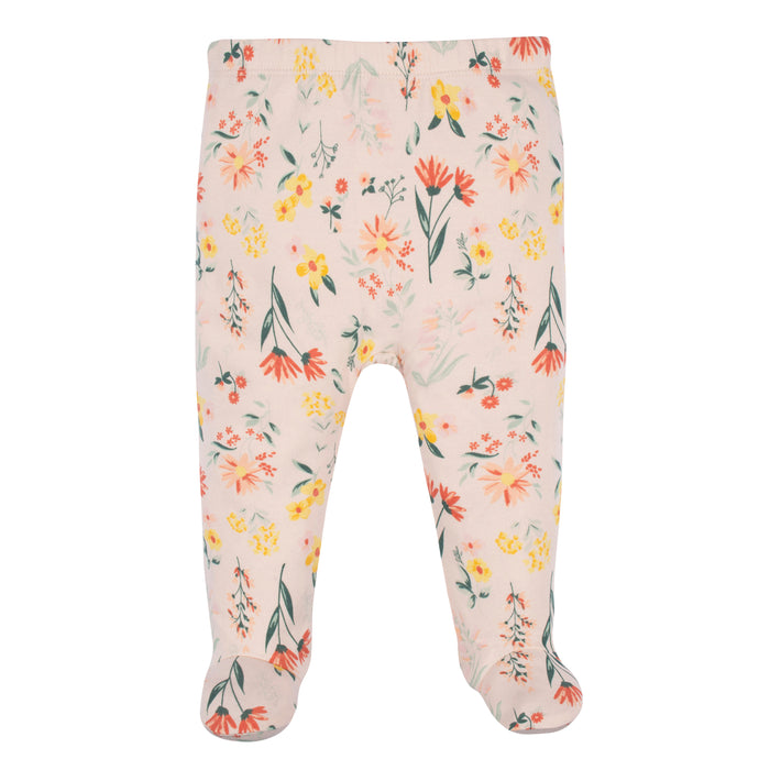 Gerber Baby Girls 3-Piece Wildflower Shirt, Footed Pant, and Cap Set