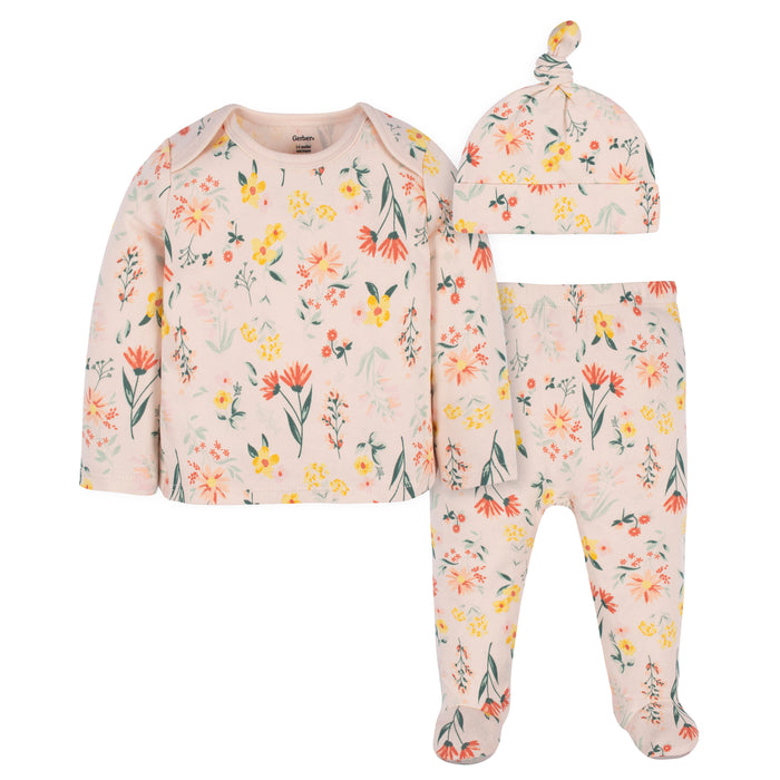 Gerber Baby Girls 3-Piece Wildflower Shirt, Footed Pant, and Cap Set