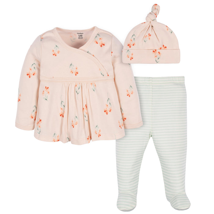 Gerber Baby Girls Wildflower 3-Piece Shirt, Footed Pant, and Cap Set