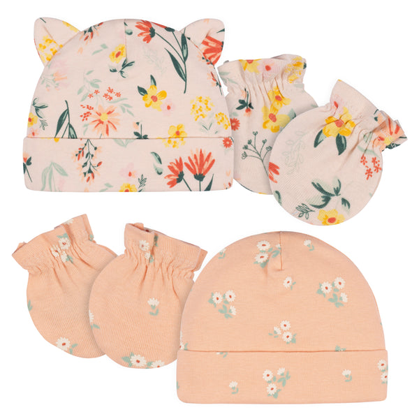 Gerber Baby Girls' Wildflower 4-Piece Cap and Mitten Set