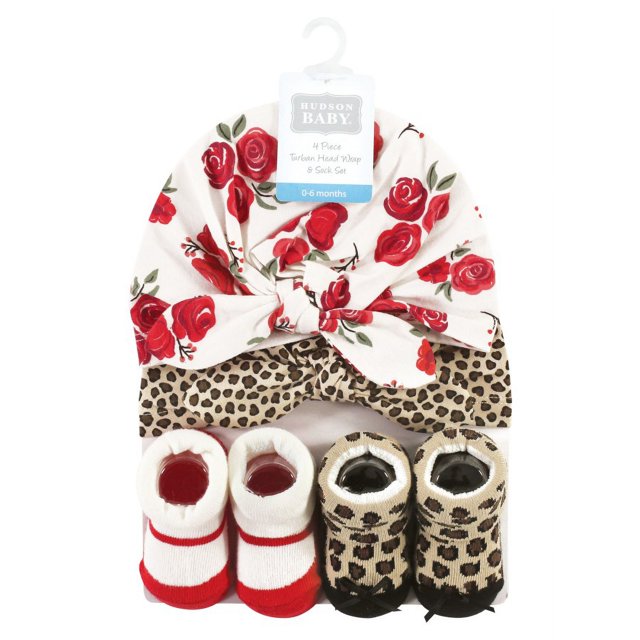 Hudson Baby Girls Turban and Socks Set, Red Rose Leopard, One Size