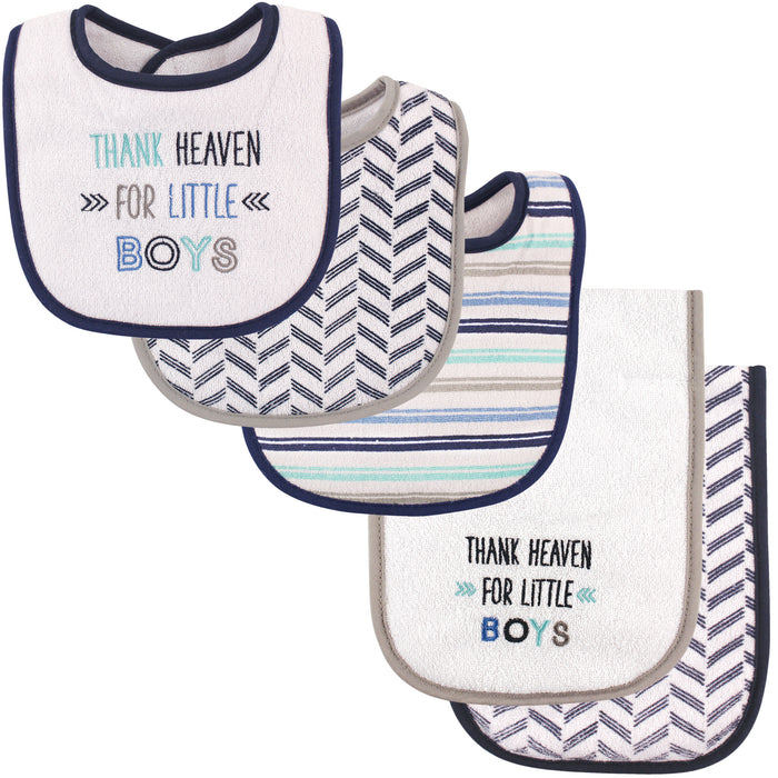 Luvable Friends Baby Boy Bib and Burp Cloth Set 5-Pack, Boy Thank Heaven, One Size