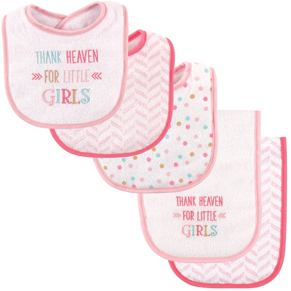 Luvable Friends Baby Girl Bib and Burp Cloth Set 5 Pack, Girl Thank Heaven, One Size