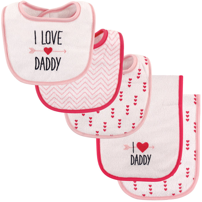 Luvable Friends Baby Girl Bib and Burp Cloth Set 5 Pack, Girl Daddy, One Size
