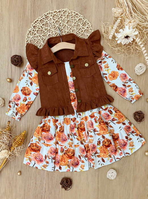 Mia Belle Girls Autumn Floral Faux Suede Vest Dress Set