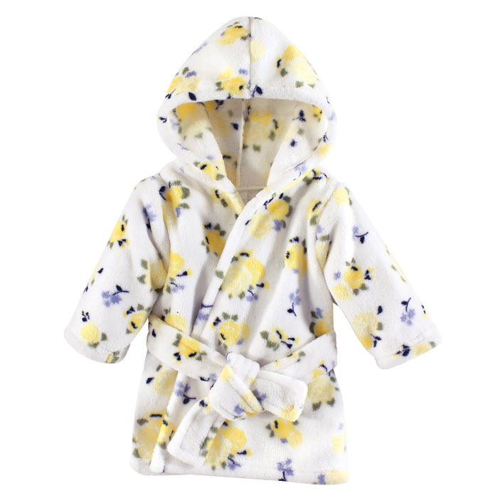 Luvable Friends Baby Girl Plush Bathrobe, Yellow Floral, 0-9 Months