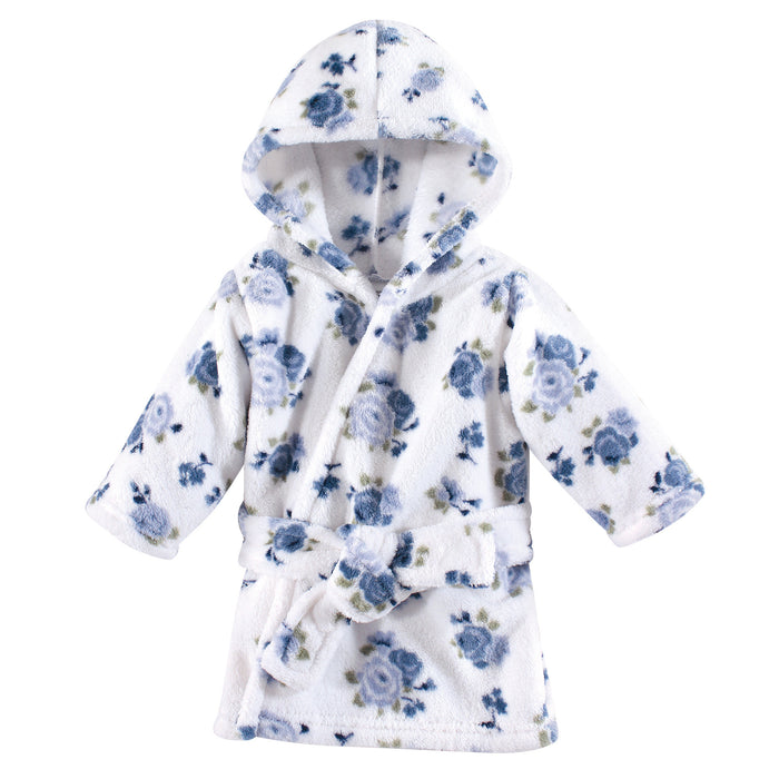 Luvable Friends Baby Girl Plush Bathrobe, Blue Floral, 0-9 Months